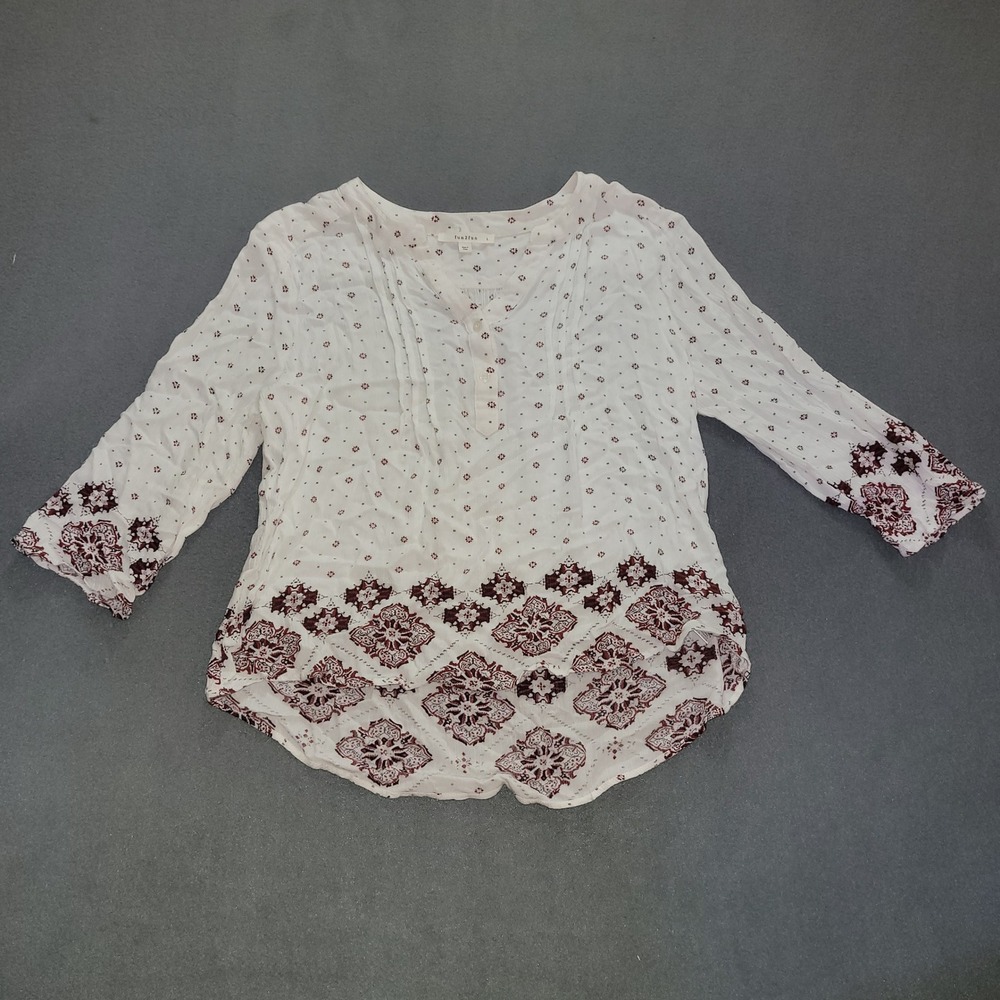fun2fun Women's White Maroon Floral Print Tunic Blouse Top Size L